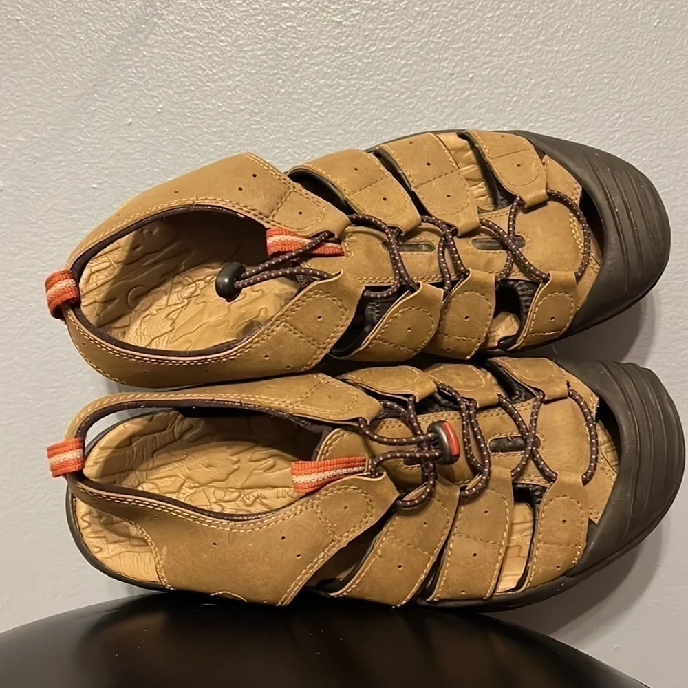 Ozark Trail Closed Toe, Open Sides Sandals Color is Tan, Mens size 9